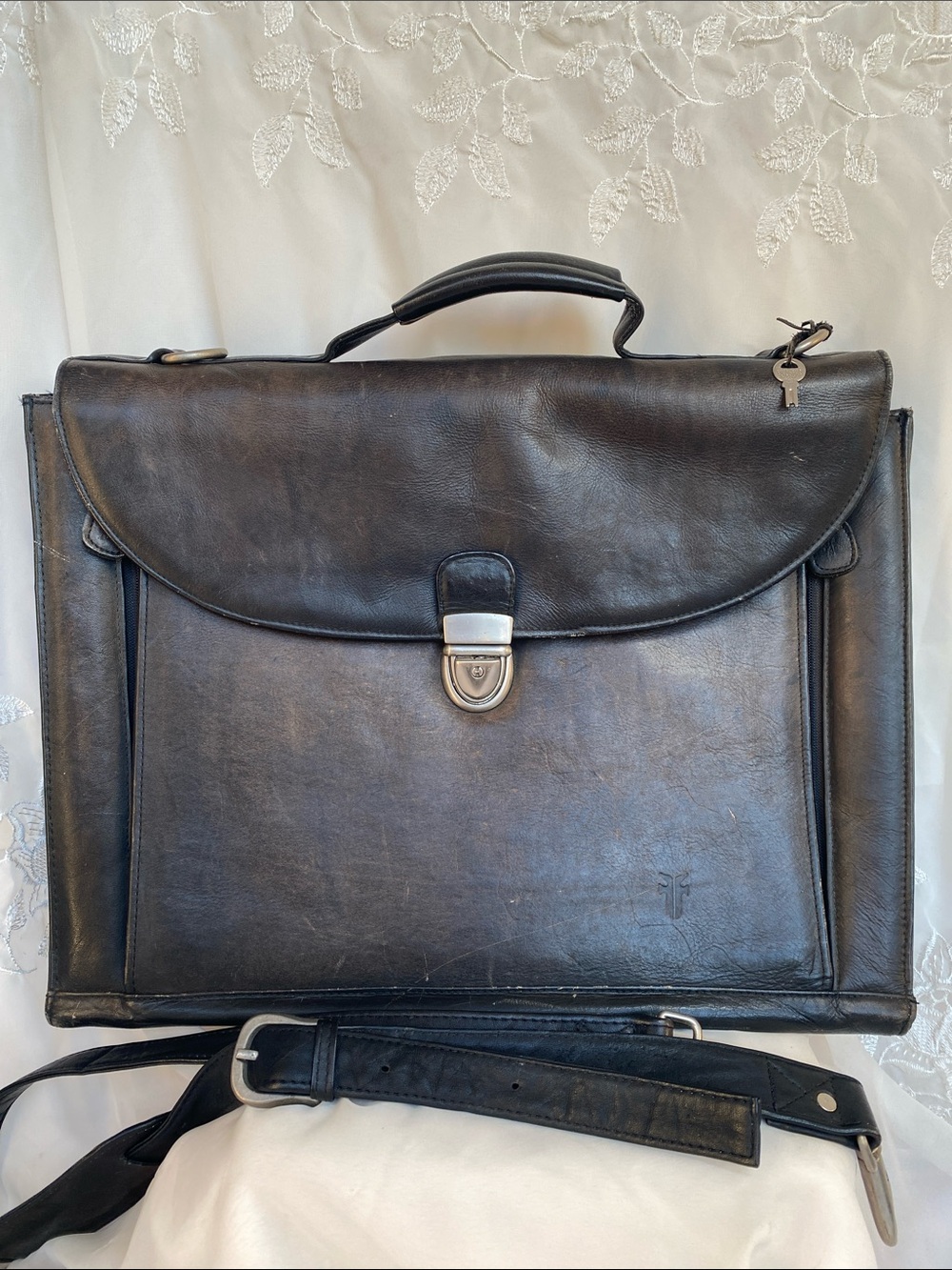 Vintage Frye Black Leather Flap Briefcase Laptop Bag with Detachable Strap